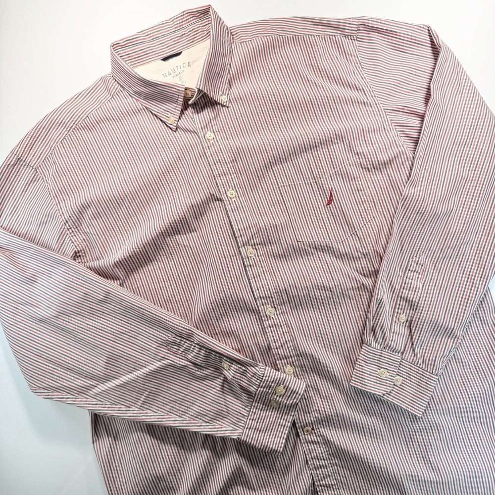 Nautica Vintage Men's Long Sleeve Button Up Striped Red Blue White XL Cotton